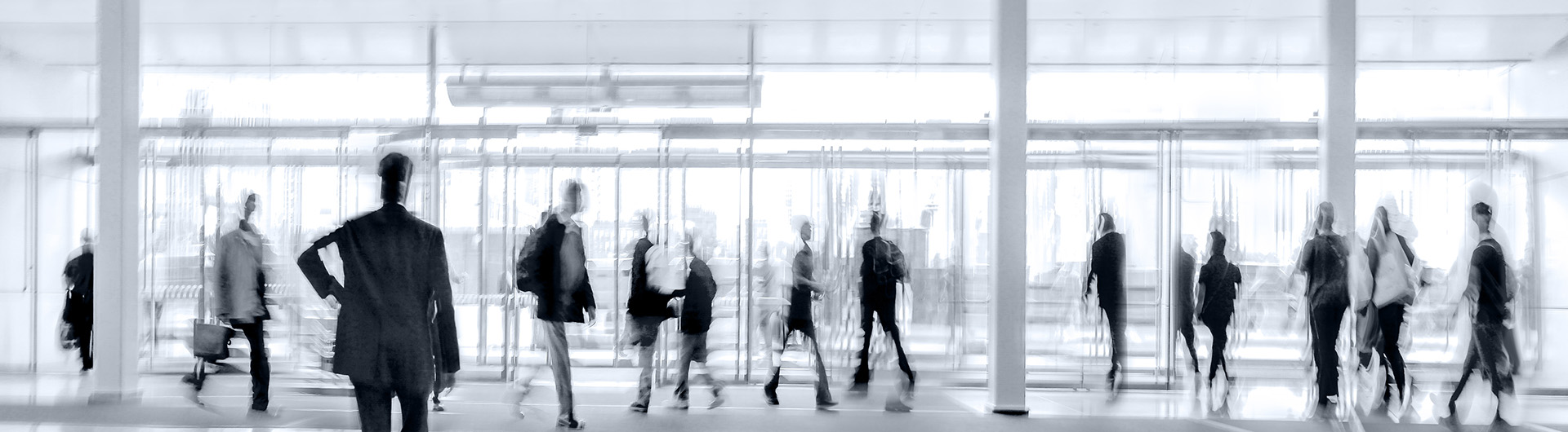 group of people in the lobby business center in monochrome blue tonality