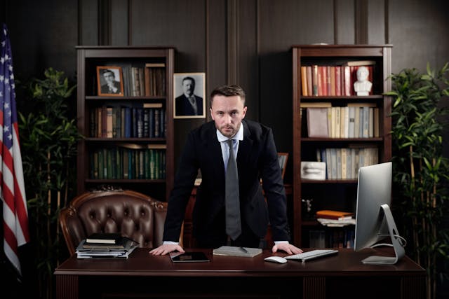 lawyer standing at desk